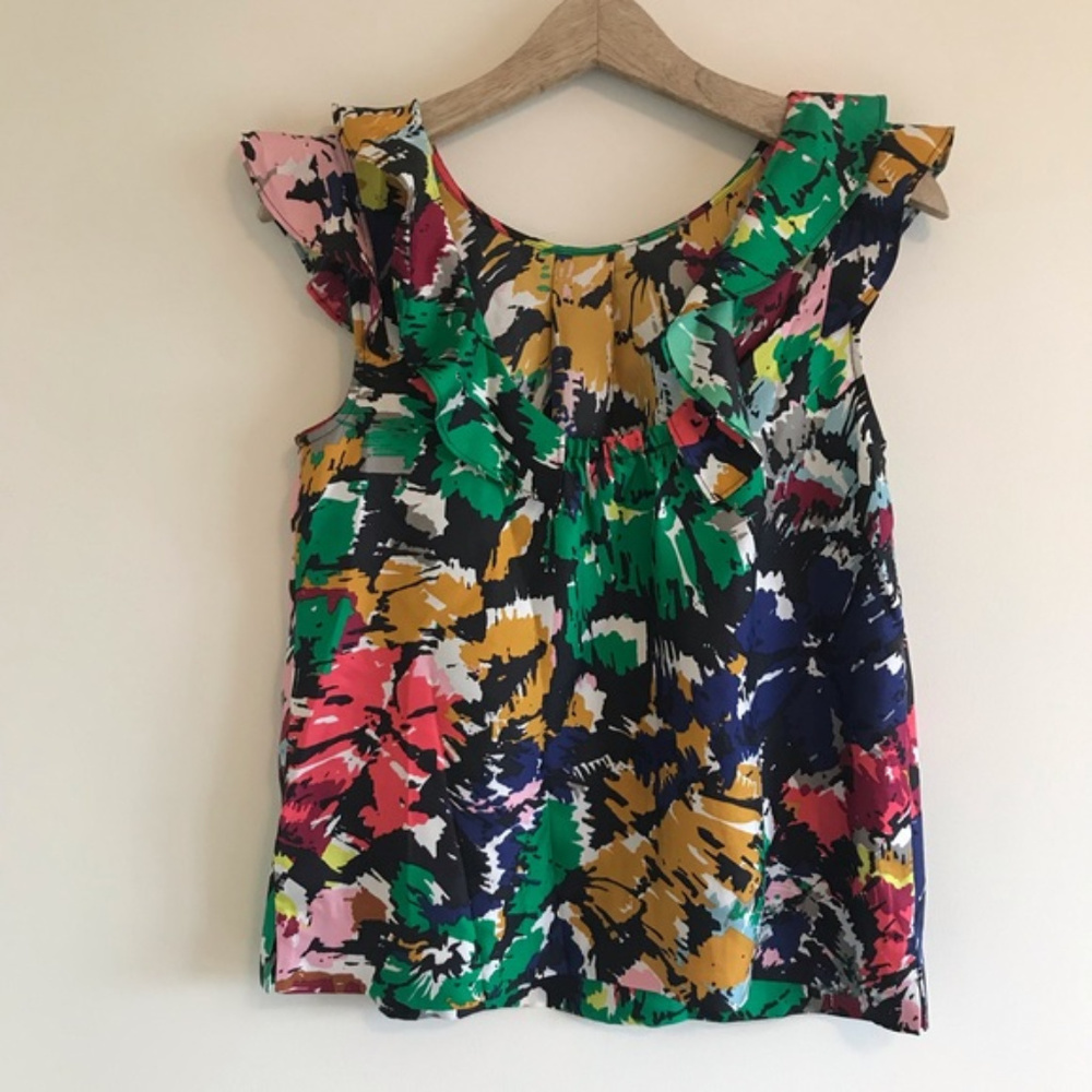 J Crew Silk Ruffle Brushstroke Top Multi Color - Picture 5 of 7